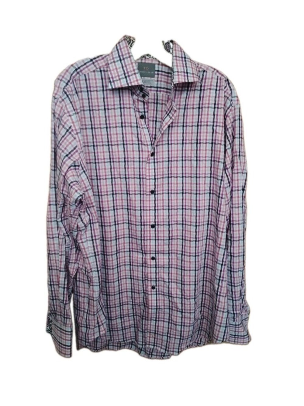 Thomas Dean Mens Size L Plaid Button Down Shirt Long Sleeve 100% Cotton